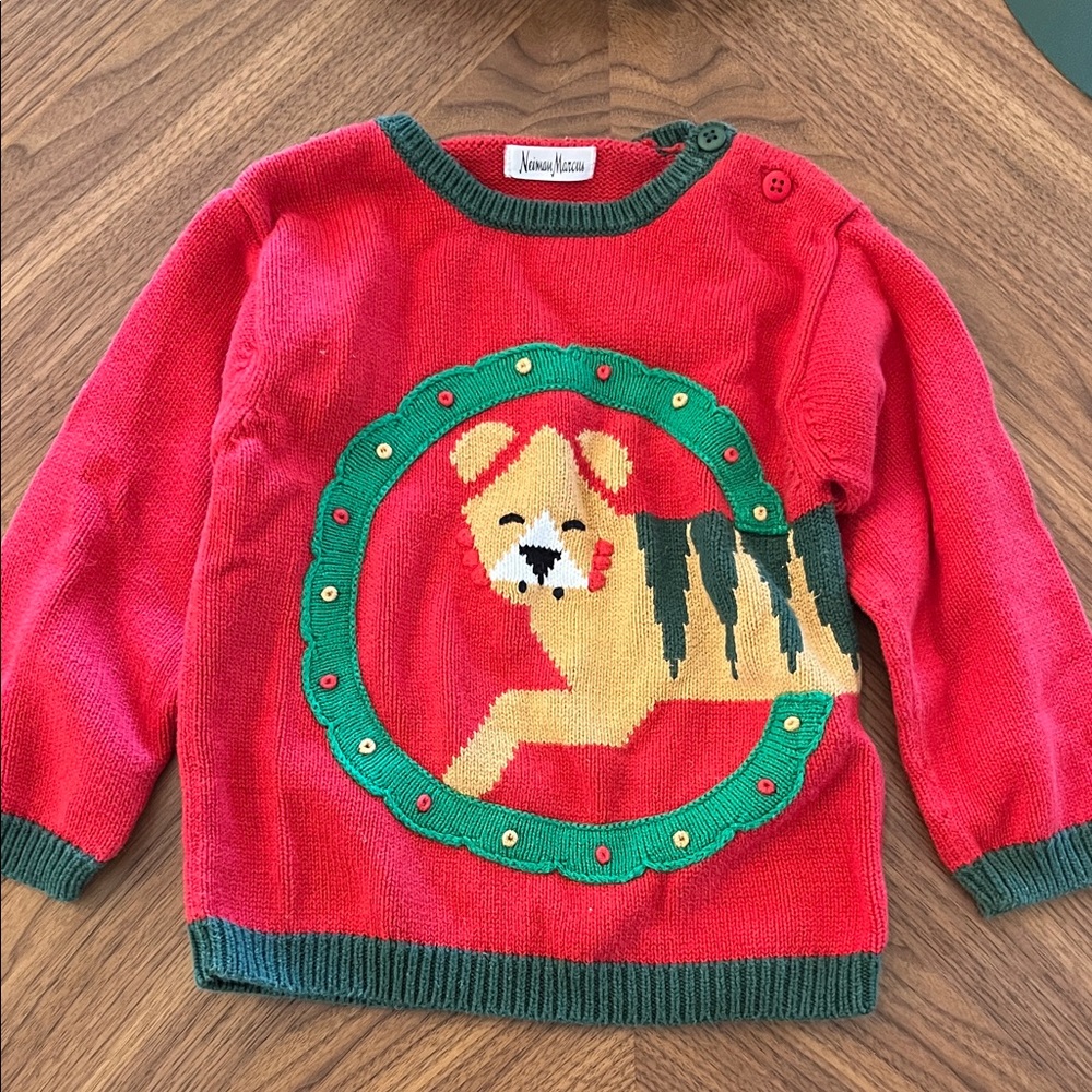 Nieman Marcus Red Christmas Holiday Sweater with Tiger in Wreath Cotton 2/3
